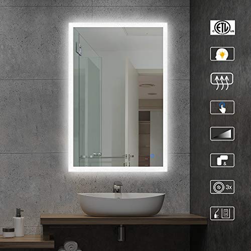 CITYMODA Lighted Bathroom Makeup Mirror,20x28 Inch LED Wall Mount Frameless Rectangle Smart Bathroom