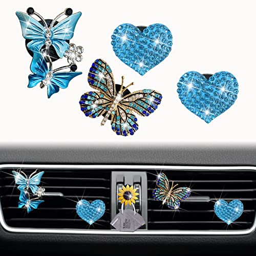 Image of Blue Butterfly & Heart Air Vent Clips, 4 Pcs Bling Butterfly Car Air Fresheners Vents Clips Car Diffuser Diamond Car Interior Decor Cute Car Accessories Car Decoration for Women +Sunflower Mask Hook