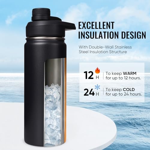 Image of Fijinhom Insulated Water Bottle with Handle, 304 Stainless Steel Water Bottles with Wide Mouth, Double Wall Vacuum Sports Water Bottle, BPA Free, Keep Cold and Hot, 18 Ounces, Black