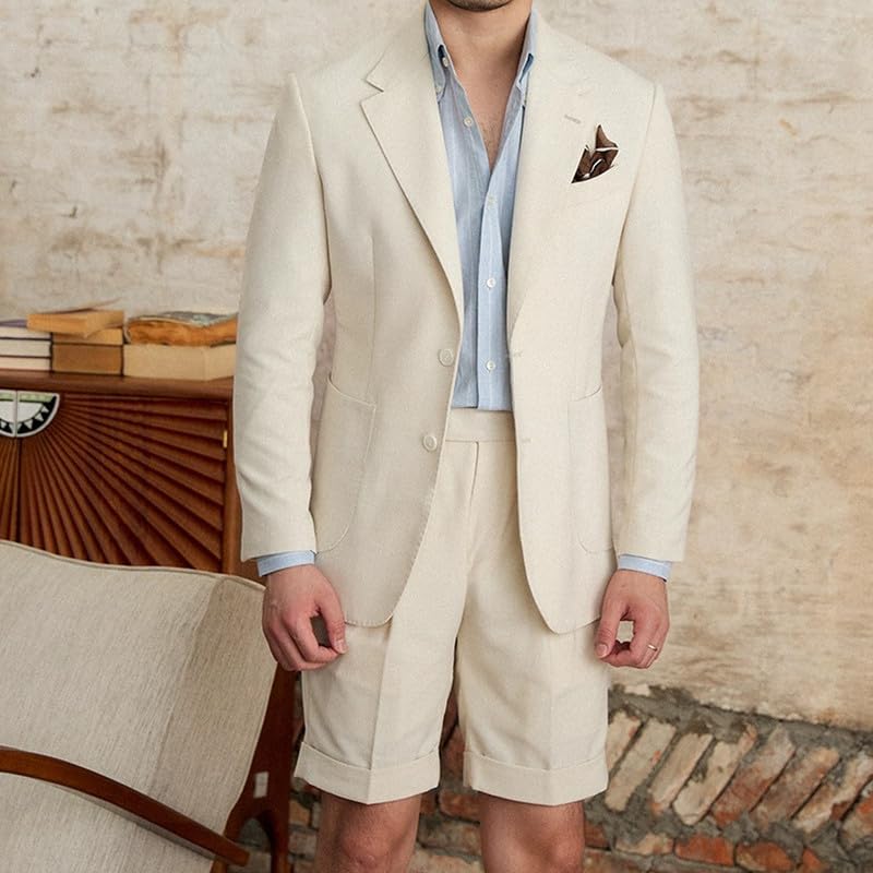 Men's 2 Piece Linen Short Suits Set Summer Causal Lightweight Outfit Set for Beach Wedding (Blazer + Short Pants)3