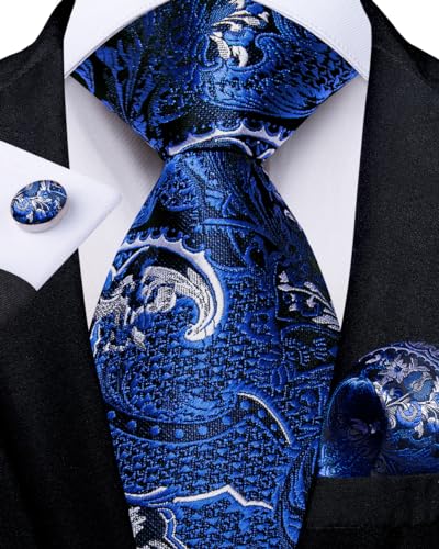Image of DiBanGu Silk Zipper Ties for Men,Paisley Solid Plaid Pre-tied Tie and Pocket Square Cufflinks Set Formal Adjustable Necktie