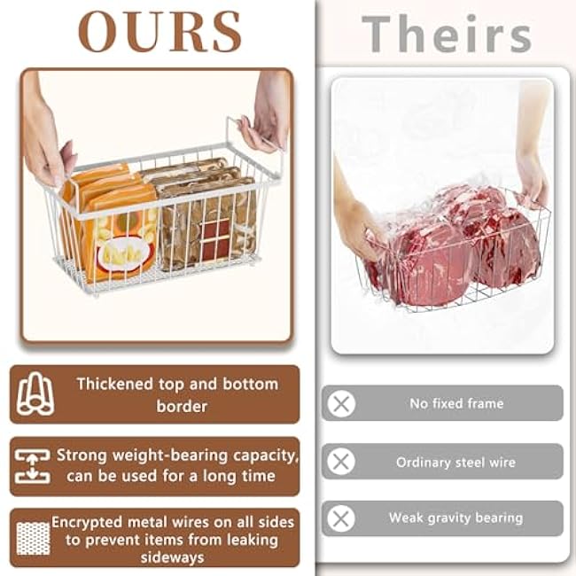 5 Pack Stackable Deep Freezer Organizer Bins £¬Upgraded Bottom Leak-Proof net and 4PCS-U-Shaped Stackable Wire Baskets, Suitable for Storage Shelves, Garage Shelving, Kitchen Storage