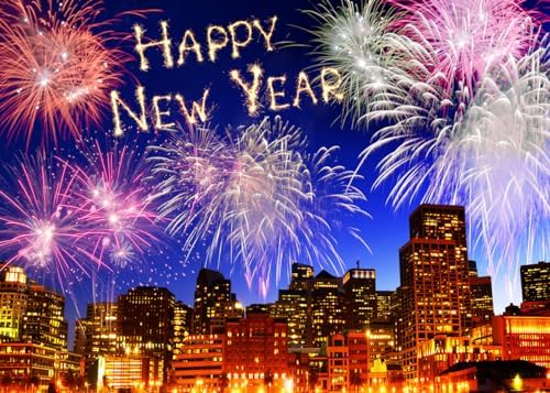 7x5ft 2024 Happy New Year Backdrop - Black Silver Fireworks Clock Photography Background