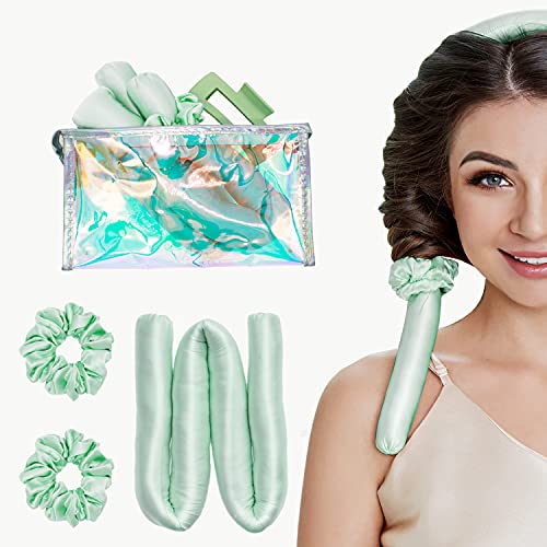 Heatless Curling Rod Headband Silk 6A 35mm with 1 Clip and 2 Silk Hair Ties No Heat Curls Overnight Curly Ribbon For Hair Tools Sleep In Curler Rollers Head Wrap for Sleeping Long Hair Wave Kit