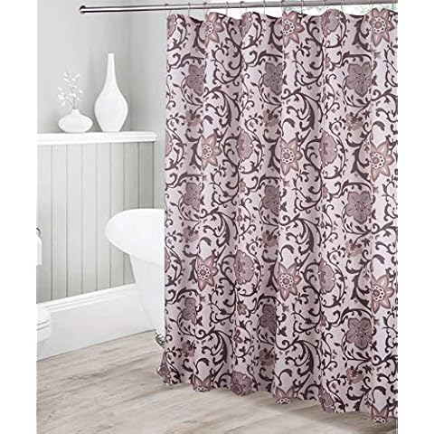 Kids Zone Home Linen Decorative Bathroom Floral Pattern Waterproof Fabric Shower Curtain Dark Brown Light Brown Off White with 12 Stainless Steel Roller Hooks for Modern Bathroom New Cover