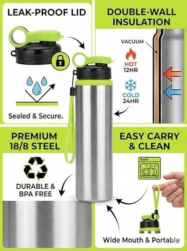 Image of Water Bottle 1 LTR Stainless Steel Sports /Fridge Bottle with Sipper Cap | Single Wall | for Home, Office, Gym, Travelling (neon)