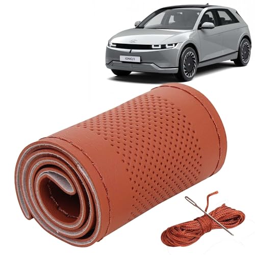 Image of KINGSWAY PU Leatherite Car Steering Cover Sewable Compatible with Hyundai Ioniq 5 (Year 2023 Onwards), Tan Color with Tan Thread, Pack of 1 with Sewing Needle and Thread