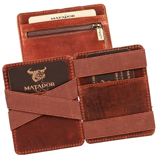 MATADOR Magic Slim Wallet Herren Leder Kreditkartenetui mit Münzfach | Karten Geldbeutel Geldtasche Portemonnaie Herren RFID Schutz & Geschenk-Box | Mini Wallet Kartengeldbeutel Männer Vintage Braun