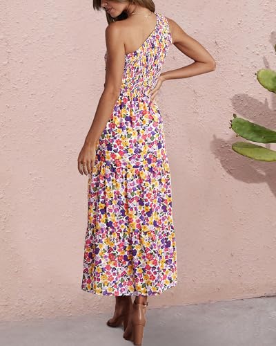 BTFBM 2025 Summer One Shoulder Dresses for Women Casual Sleeveless High Waist Floral Flowy Smocked Boho Beach Maxi Dress2