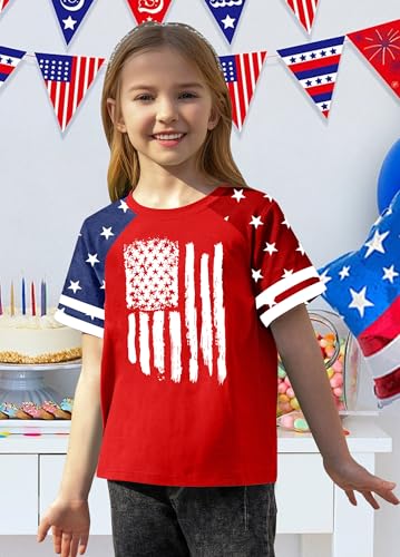 Image of CAZYCHILD Girls 4th of July USA Shirt American Flag Patriotic T-Shirt Independence Day Outfit for Kids 5-14Years