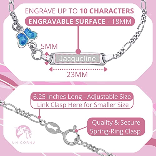 UNICORNJ 925 Italy Sterling Silver Child or Baby Name Bracelet Girls Boys, Personalized Engraved Kids ID Bracelets, 6.5" Figaro Chain, Enamel Charm Newborn Infant Toddler Kid Jewelry2