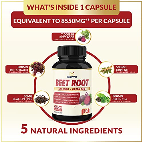 BMVINVOL Beet Root Extract Capsules 8550mg - 5 Months Supply - Red Spinach, Green Tea, Ginseng, Black Pepper - Supports Heart Health, Digestive, Immune System
