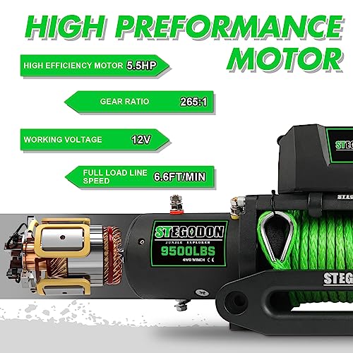 Stegodon USAM-STEW001S Winch 9500Lb Winch 12V Waterproof Electric Winch Synthetic Rope Winch thumb #3
