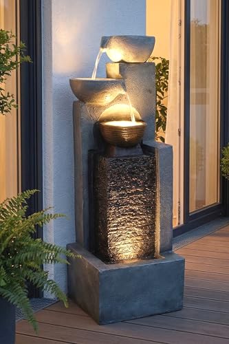 Gartenbrunnen mit LED Wasserfall 109 cm – Moderner Springbrunnen mit 3 LED Spots & Kaskadenwand – Komplett Set inkl. Pumpe – Wasserspiel für Garten Terrasse Balkon – Steinoptik Grau