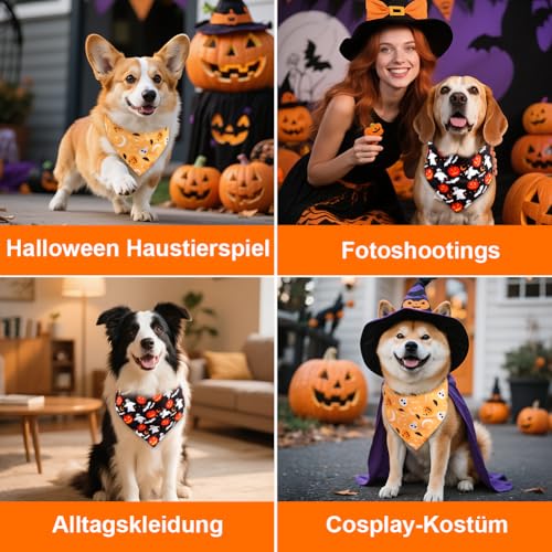 SZEE Hundehalstuch Halloween Kostüm Hunde Bandana for Dogs,Geschenk Deko mit Kürbis Motiv, Kopftücher Waschbarer Hundehalstücher für Kleine/Mittel/Große Hunde und Katzen Haustier, Orange+Schwarz, L
