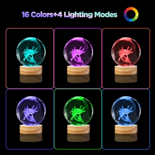 Image of 3D Axolotl Crystal Ball Night Light with Remote, Upgraded 3.15 Inch Axolotl Glass Ball Lamps with 16 Color LED Wooden Base for Birthday Holiday Xmas, Cool Axolotl Toy Decor Gifts for Boys Girls Kids