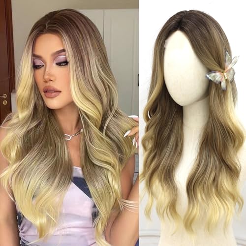 KINCYDU Long Ombre Blonde Wavy Wig Natural Looking Synthetic Heat Resistant Fiber Wig Ombre Blonde Gradient Middle Part Curly Wig For Daily Party Use For Women 26 Inch