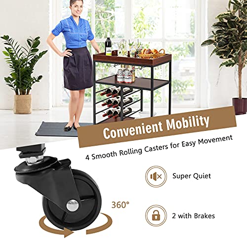 Costway Kitchen Rolling Island Cart, With 9-Bottle Wine Racks & Glass Holders, Utility Beverage Cart Trolley With Lockable Wheels For Home Kitchen, Wooden And Metal Frame, Rustic Brown #TOP3