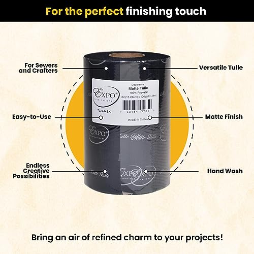 Image of Expo International Decorative Matte Tulle, Roll /Spool of 6 inch X 100 Yards, Lightweight Polyester Tulle Fabric for Tutus, Costumes, and Party Decorations, Washable, Easy-to-Use, Black