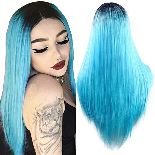 Fashion Ombre Blue Wig Women Silky Long Straight Wig 22 Inches Natural Hairline Middle Part Synthetic Party Halloween Cosplay Wig for Women(With A Free Wig Cap)