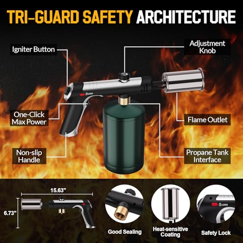 Image of Siasky Propane Torch with One-Click Max Fire, Flame Thrower Gun Charcoal Lighter with a Safety Lock, Kitchen Blow Torch for Cooking, BBQ, Sous Vide, Grill (Tank Not Included)