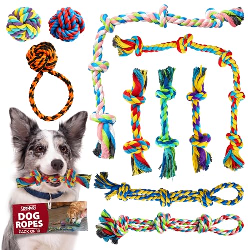 ZENO Dog Toys 10 Pack | Indestructible Dog Toys | Rope Chew Toys for Dogs | Strong Rope Ball & Tug for Teething | Puppy Teething Toys | 100% Natural Cotton | Great for Small Medium & Large Dogs