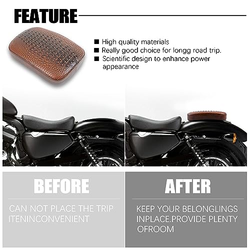 Image of DREAMIZER Motorcycle Rectangular Pillion Passenger Pad Seat Universal Crocodile Style Brown Solo Seat Leather Pillon 8 Cushion Compatible with Harley Cruiser Chopper Custom