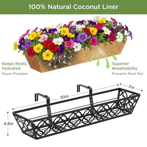 LAWYAMAI 2 Pack 30 Inch Railing Planter Box with Coco Liner, Adjustable Metal Window Box Planter for Balcony Deck Fence, Hanging Flower Basket for Outdoor Garden, Black by LAWYAMAI - Image 2