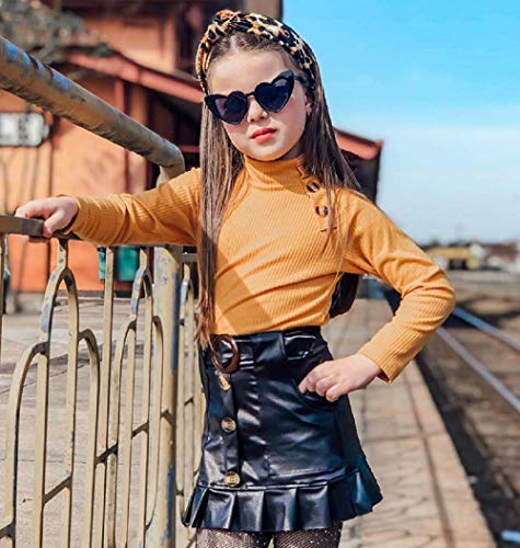 2PCS Toddler Kids Baby Girl Long Sleeve Sweater Tops Mini PU Leather Skirt Set Dresses Outfits Fall Clothes (Yellow & Black, 1-2 Years) - Thumbnail 2