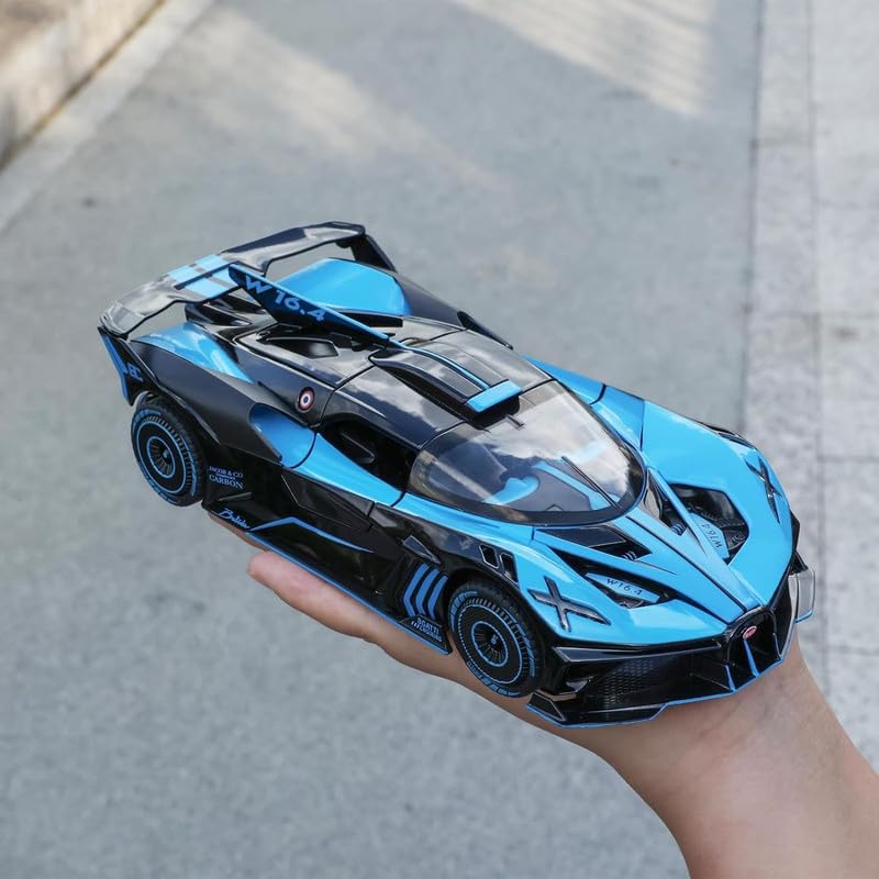 Image of Kids Model 1:24 Big Bugadi Bolide Die Cast Metal Car Pull Back Action Opening Doors with Realistic Engine Sound Lights Toy Car Gift for Boys - Blue