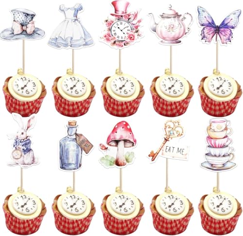 40 pezzi Alice nel Paese delle Meraviglie decorazioni per torte, tè party, cupcake topper, farfalla, fiore, conchiglia, chiave, orologio, mangiami, decorazione per torte per baby shower, compleanno