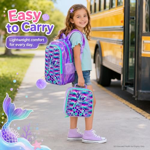 Image of 16 inch Mermaid Backpack for Girls, 3Pcs Sequin Fish Tail School Backpacks Set for Elementary Preschool Kindergarten, Kids Bookbag with Lunch Box (Purple)
