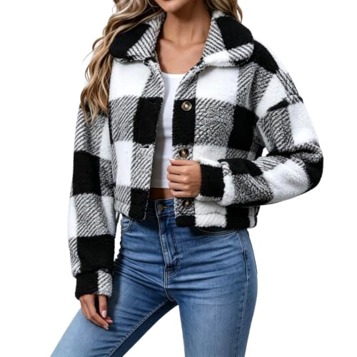 Image of Black Winter Jackets For Women Fleece Plaid Button Front Cropped Shackets