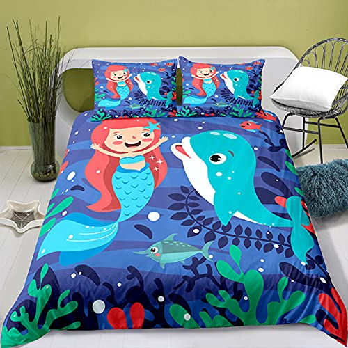 Blaues Bettbezug Set - Meerjungfrau und Delfin Kinder Karikatur Ozean Welt Bettwäsche Bettbezug mit Kissenbezug für Mädchen Kinder,Single (135x200cm+1x50x75cm) Cover