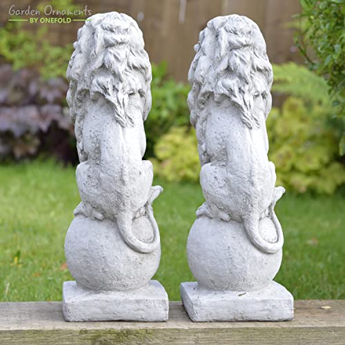 Onefold - PAIR OF SITTING LIONS Lion Garden Ornaments Outdoor Hand Cast Stone Garden Ornament Statue Sculpture Home Patio Conservatory Decor Set of 2