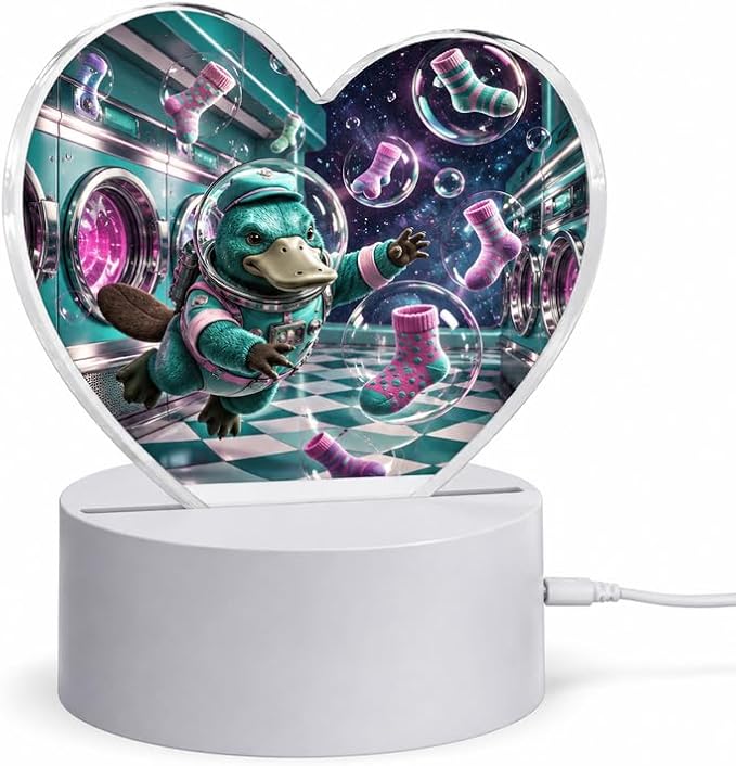 Heart Shaped Acrylic Night Light with Original Zero Gravity Platypus Laundry Art, Platypus Desk Lamp for Platypus Lovers, Quirky Bedroom Decor and Birthday Gift