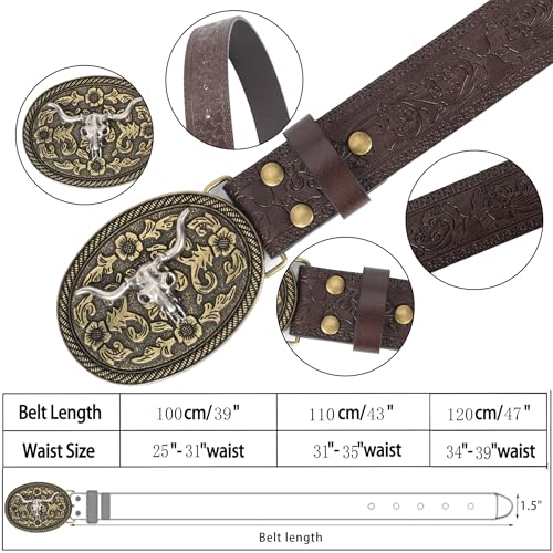 Western-Cowboy-Leather-Belts - PU Leather Longhorn Bull Embossed Buckle Belt for Jeans Pants Dresses2