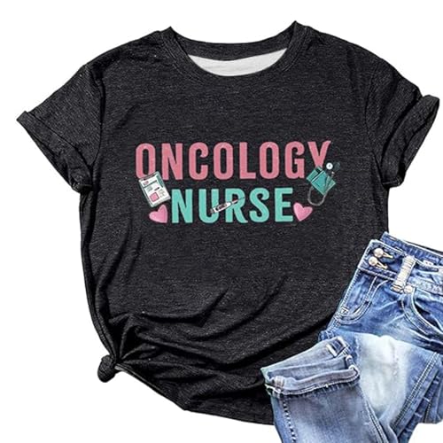 T-shirt pour femme pour infirmières en oncologie - Haut avec inscription Oncology Nurse et cœur stéthoscope - T-shirt de déclaration pour les soignants en médecine contre le cancer, Style T01 Noir, XL
