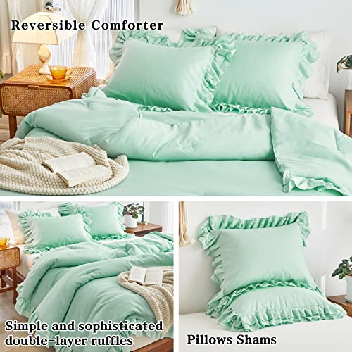 Green Ruffled Comforter Set Twin Size, 3 Pieces (1 Ruffled Comforter Set And 2 Pillowcases) Farmhouse Shabby Chic Style With 2 Layers Ruffle, Solid Color Lightweight Soft Fluffy Bedding Sets For Kids #TOP4