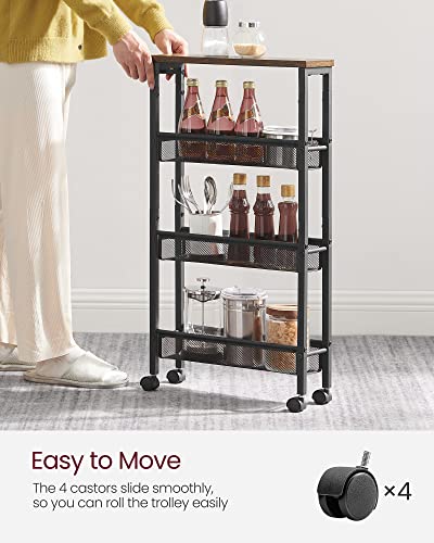 Vasagle Slim Storage Cart, 4-Tier Rolling Cart Tower, Slide Out Cart With Handle Metal Mobile Shelving Unit For Kitchen Dining Living Room Office Narrow Places, Rustic Brown And Black Ulrc032B01V1 #TOP3
