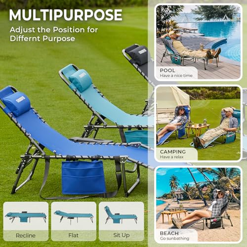 FUNDANGO Folding Chaise Lounge Chair Outdoor, 5 Positions Foldable Beach Lounges Chairs for Adults with Side Table & Pillow for Outside Tanning Pool Camping Patio Lawn (Cyan)