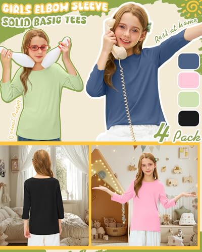 Image of 4 Pack Girls 3 /4 Sleeve T Shirts Kids Crewneck Elbow Sleeve Casual Tops Solid Basic Cute Teen Tees 5-14Y