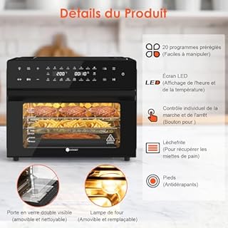 LLIVEKIT 30L Friteuse sans Huile XXL avec Tournante Rôtissoire, Air Fryer 20 Programmes et 9 Accessoires, Friteuse sans Huile avec Écran Tactile LED, Mini Four avce Livre de Recettes, 80°C-230°C