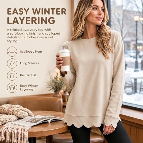 Crewneck Sweatshirts for Women Oversized Long Sleeve Scalloped Pullover - image 4