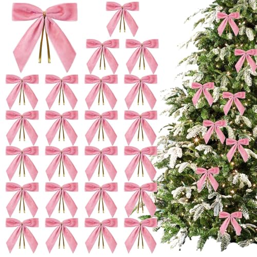 24 Lazos Rosas para árbol de Navidad, Lazos de Terciopelo para árbol de Navidad, Lazos de decoración de Navidad borgoña, Lazos de Terciopelo para decoración de Navidad, 3.5 x 3.5 Pulgadas
