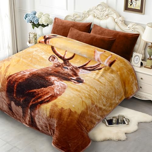 Image of JYK Queen Size Korean Mink Blanket, 5 LB Fleece Bed Blanket - 2 Ply Reversible 520GSM Silky Soft Plush Warm Blanket for Autumn Winter, A&B Pattern Printed, (Queen 75 inchx87 inch, Deer /Elephant)