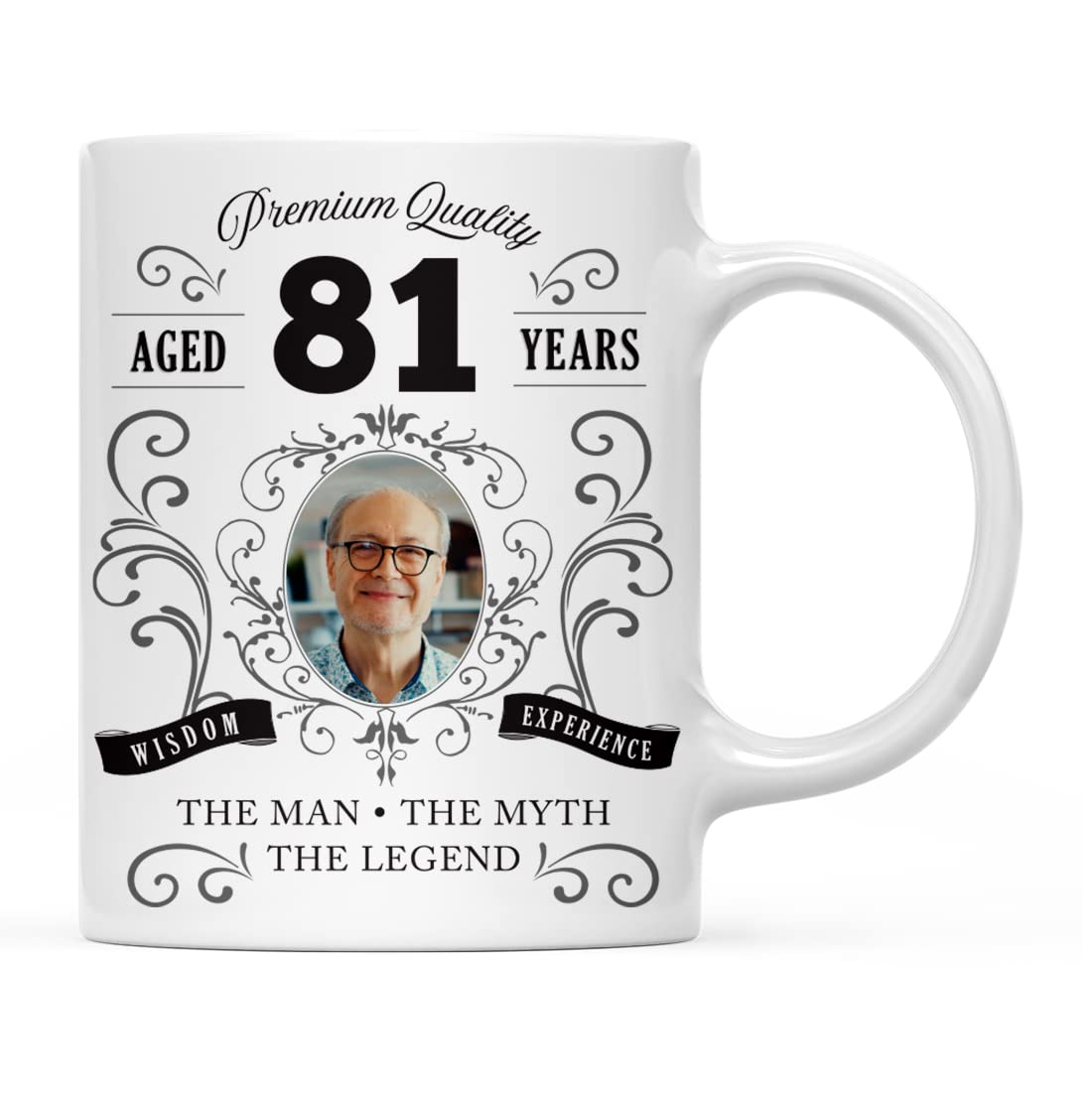 INKOLOGIE Photo Personalised 11oz. Coffee Mug Birthday Gift for Men, Birthday Gift Ideas for Brother, Son, Husband, Uncle, Aged 81 Years, Whiskey Bottle Design, 1-Pack, Add Custom Picture