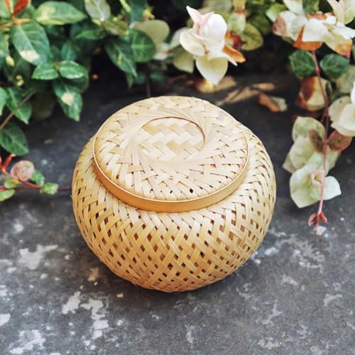 OKUMEYR Bamboo Flower Tea Basket Vintage Storage Jar Sticky Rice Steamer Storage Baskets with Lid Wicker Storage Baskets Snacks Basket Fruit Basket Bamboo Weaving Bamboo Steamer Rattan - Image 6