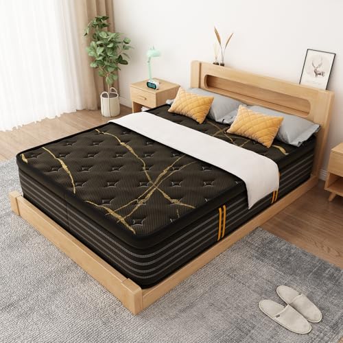 JFHID Queen Mattress, 35CM Thick Memory Foam Bed Mattresses in a Box, Medium Firm High Density Foam Comfort Mattress, Vacuum Packed Mattresses with Pocket Spring and Full Body Support, Black