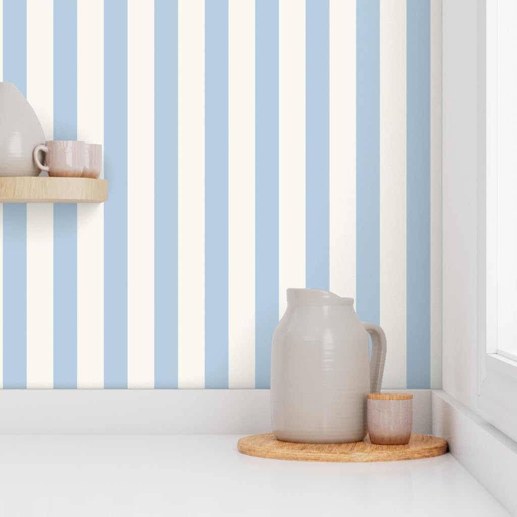 Peel & Stick Wallpaper Swatch - Blue Stripe Cream Light Ivory Stripes Vertical Custom Removable Wallpaper by Spoonflower